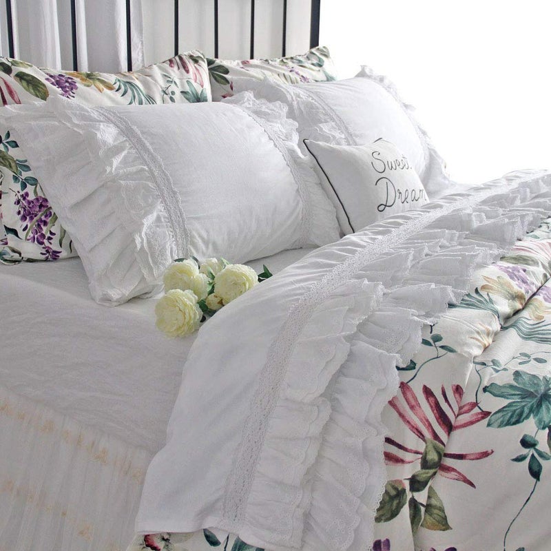QSH Luxury Eyelet Lace Ruffle Sheets Set King Size French Country Bedding 100% Washed Cotton Shabby Bed Sheet 4pcs Deep Pockets Ruffled Bed Sheets - Image 1